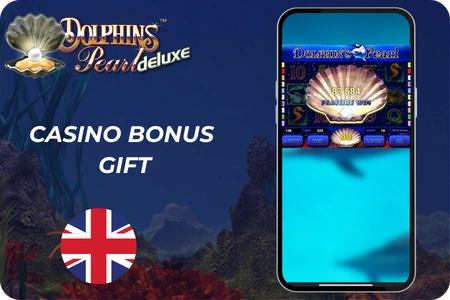 Casino welcome bonus gift box with free spins and matched deposit offers for Dolphin's Pearl players